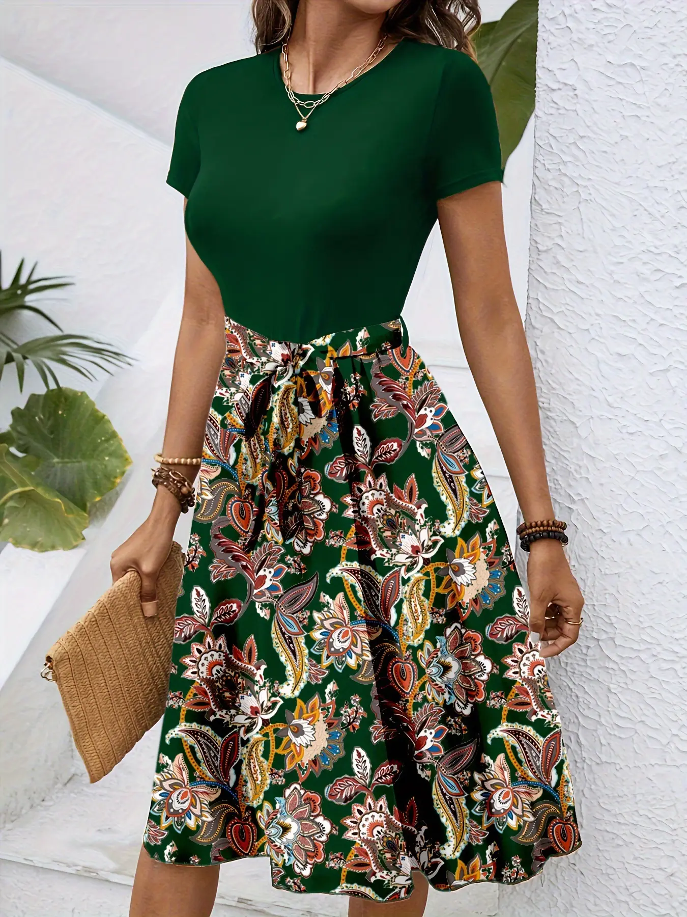 Women's Paisley Belted Midi Dress Brown Floral - Image 3