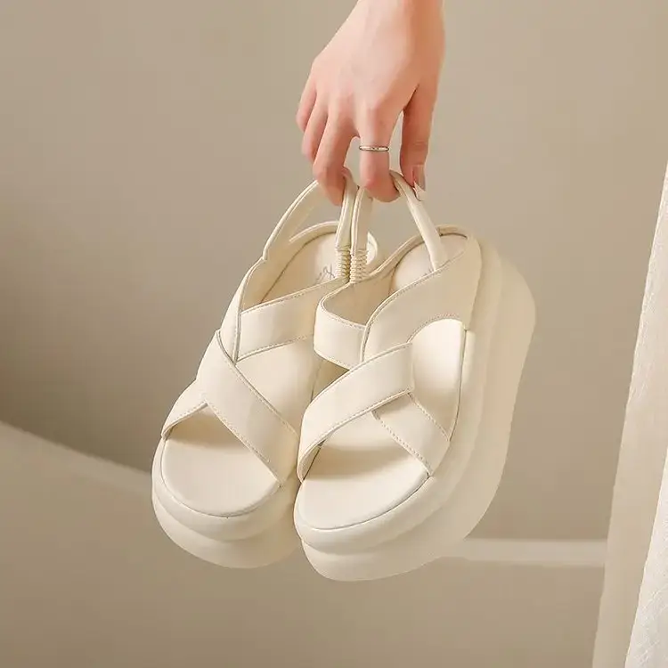 Women White Thick Strap Sandals Summer High Heel Casual - Image 6