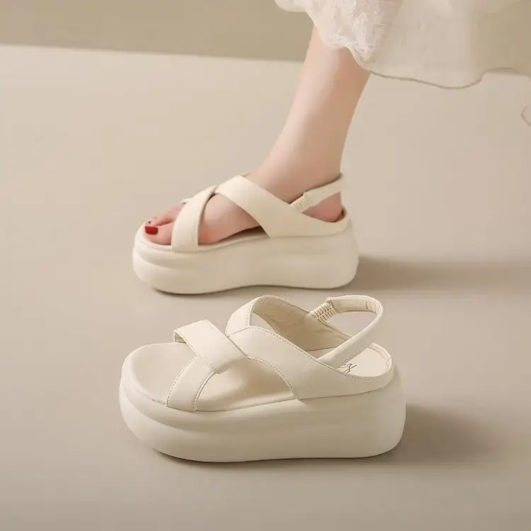 Women White Thick Strap Sandals Summer High Heel Casual - Image 2