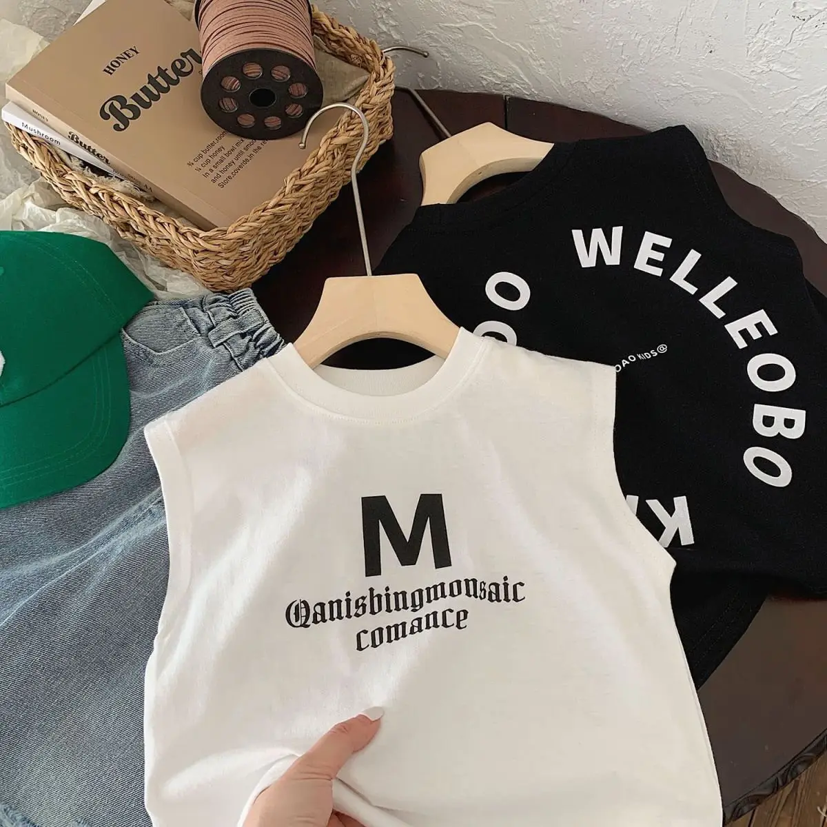 Pure Cotton Kids Vest Black Letter Print Summer — feature 7