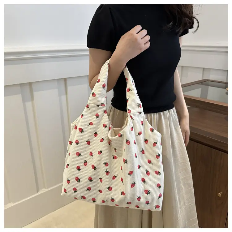Women's Black Floral Flannel Shoulder Bag Large Capacity - Image 6