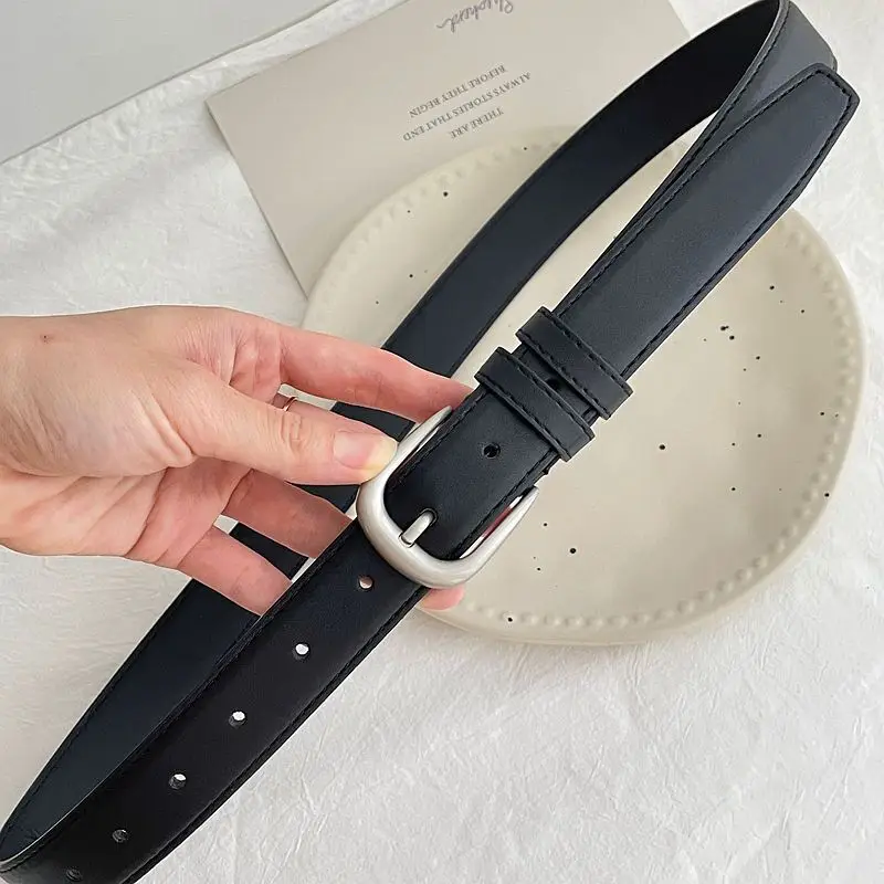 Black Leather Belt with Silver Buckle for Women - Image 7