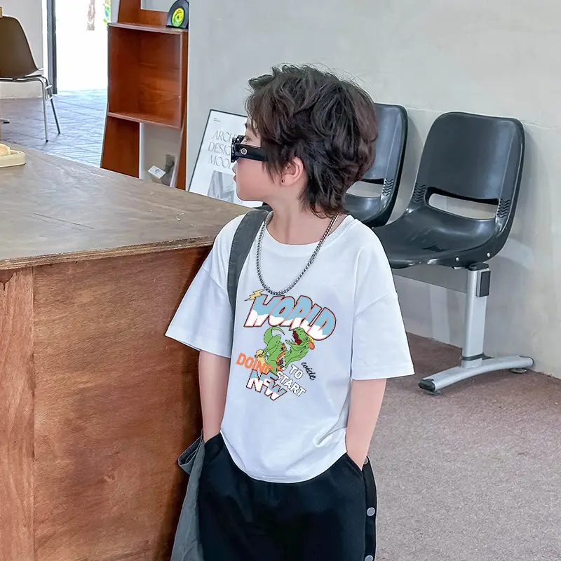 Dinosaur Printed Cotton T-Shirt White Green Shoulder Drop - Image 5
