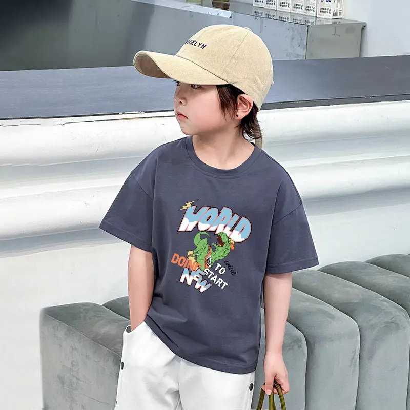 Dinosaur Printed Cotton T-Shirt White Green Shoulder Drop - Image 6