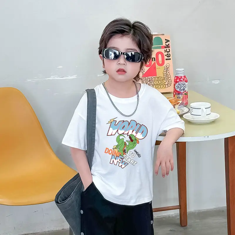 Dinosaur Printed Cotton T-Shirt White Green Shoulder Drop - Image 7