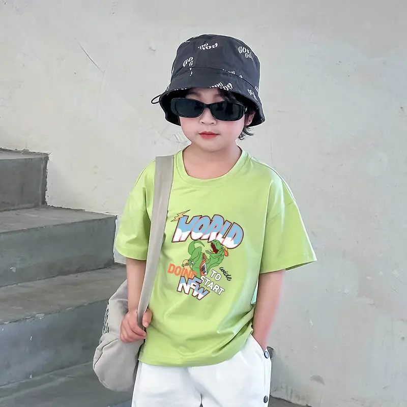 Dinosaur Printed Cotton T-Shirt White Green Shoulder Drop - Image 8