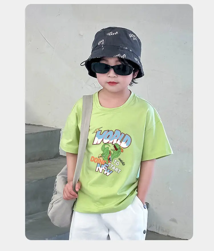 Dinosaur Printed Cotton T-Shirt White Green Shoulder Drop — feature 8