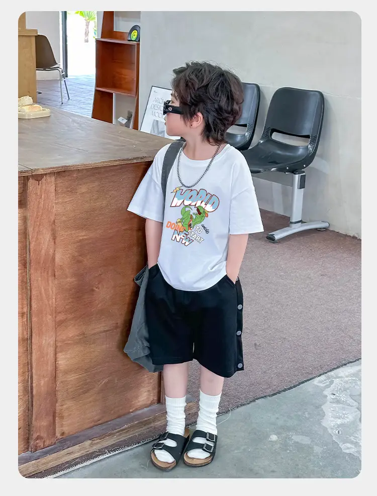Dinosaur Printed Cotton T-Shirt White Green Shoulder Drop — feature 9