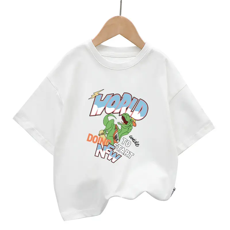 Dinosaur Printed Cotton T-Shirt White Green Shoulder Drop - Image 1