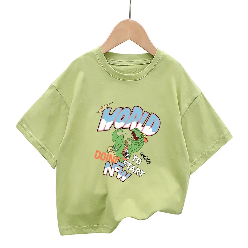 Dinosaur Printed Cotton T-Shirt White Green Shoulder Drop - Image 2