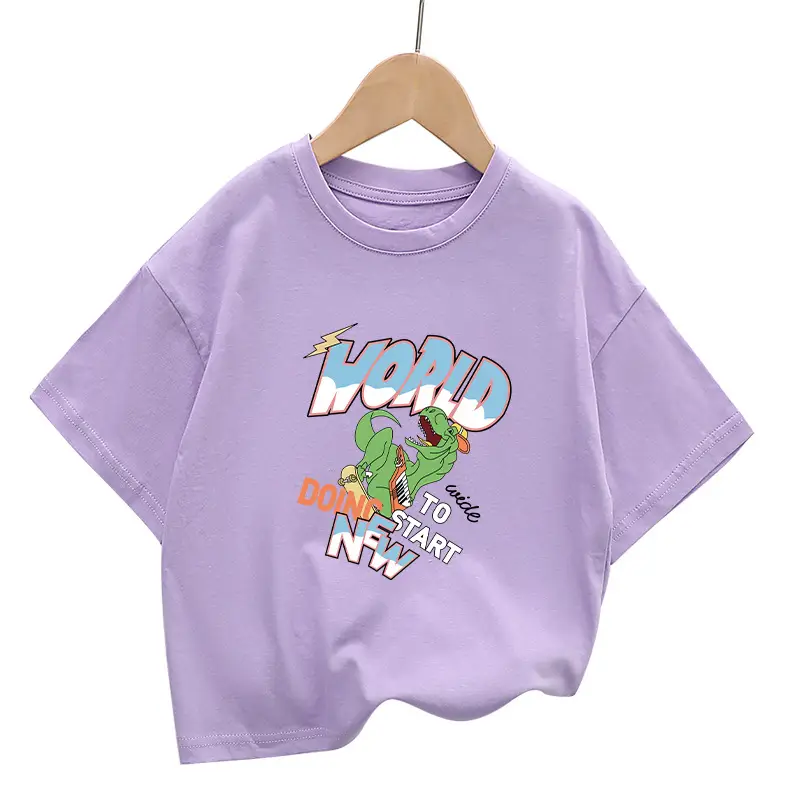 Dinosaur Printed Cotton T-Shirt White Green Shoulder Drop - Image 3