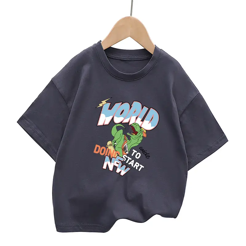 Dinosaur Printed Cotton T-Shirt White Green Shoulder Drop - Image 4
