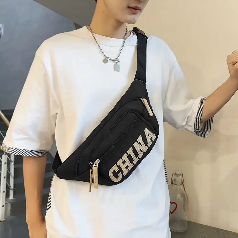 Red China Print Waist Bag for Men Zipper Closure