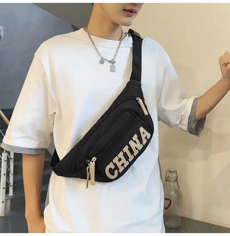 Red China Print Waist Bag for Men Zipper Closure — feature 21