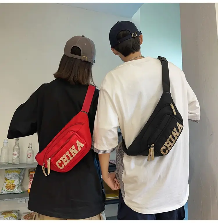 Red China Print Waist Bag for Men Zipper Closure — feature 28