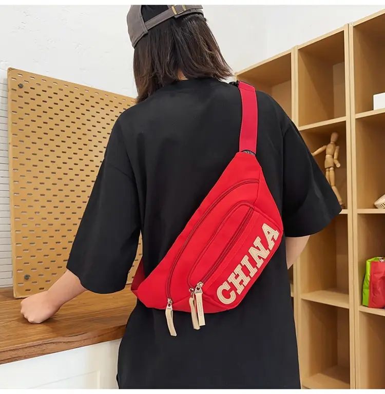 Red China Print Waist Bag for Men Zipper Closure — feature 32