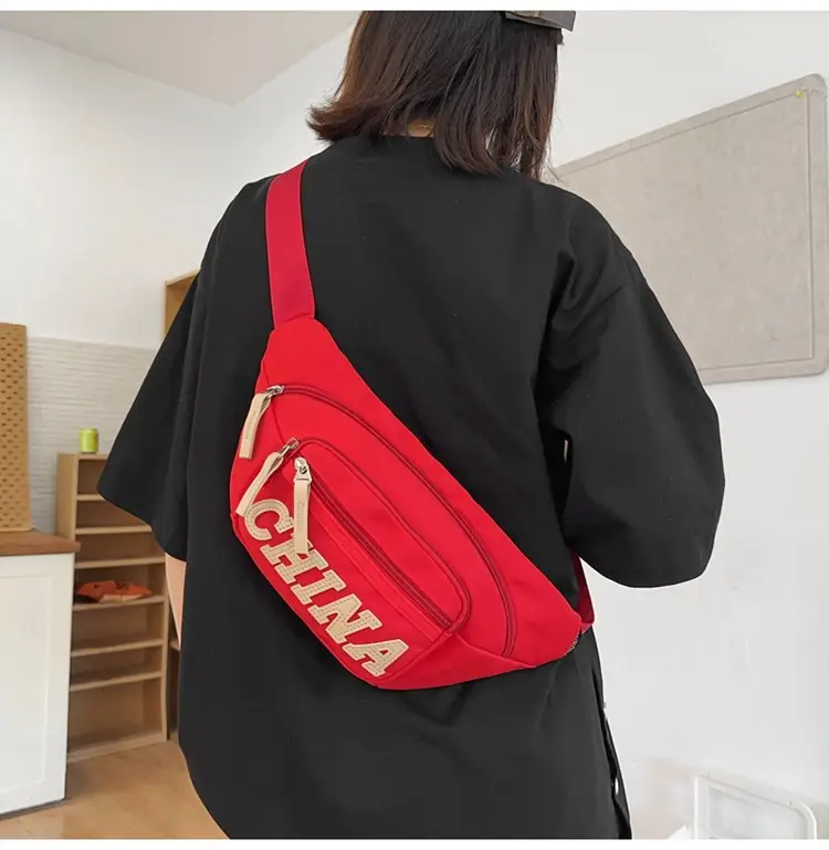 Red China Print Waist Bag for Men Zipper Closure — feature 34