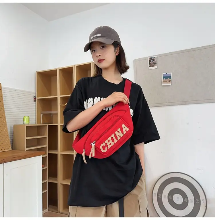 Red China Print Waist Bag for Men Zipper Closure — feature 35