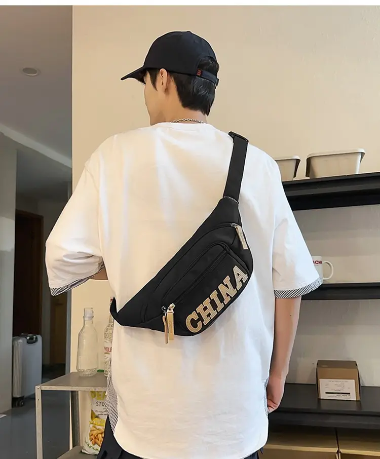 Red China Print Waist Bag for Men Zipper Closure — feature 4
