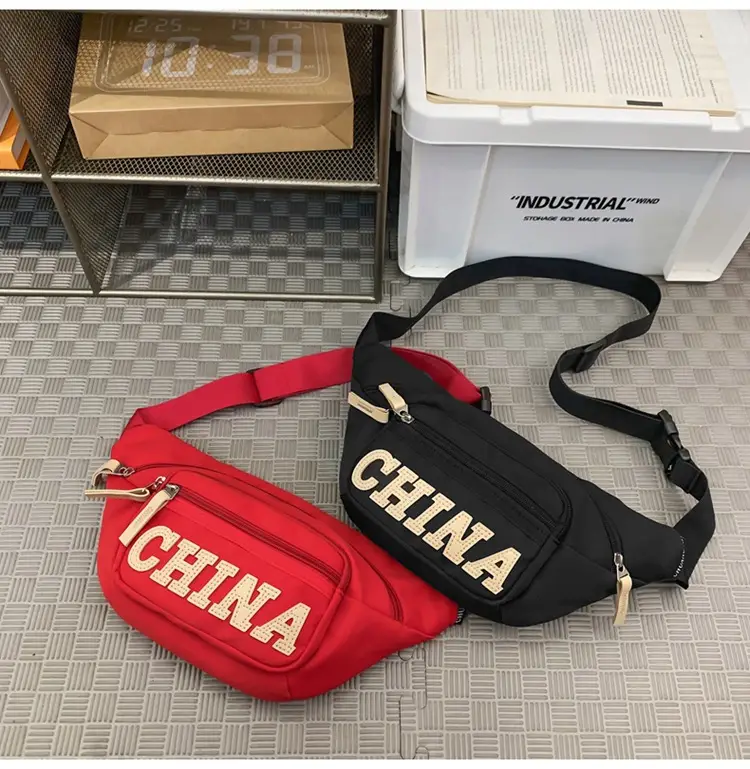 Red China Print Waist Bag for Men Zipper Closure — feature 41