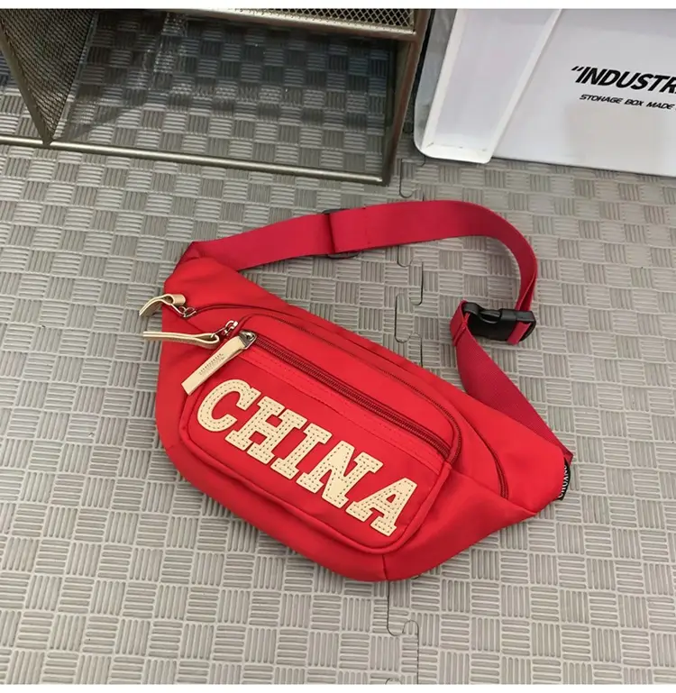 Red China Print Waist Bag for Men Zipper Closure — feature 42