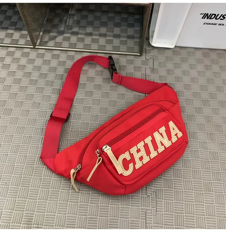 Red China Print Waist Bag for Men Zipper Closure — feature 43
