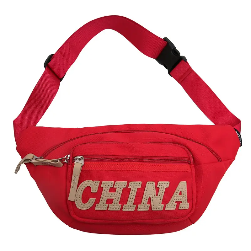 Red China Print Waist Bag for Men Zipper Closure
