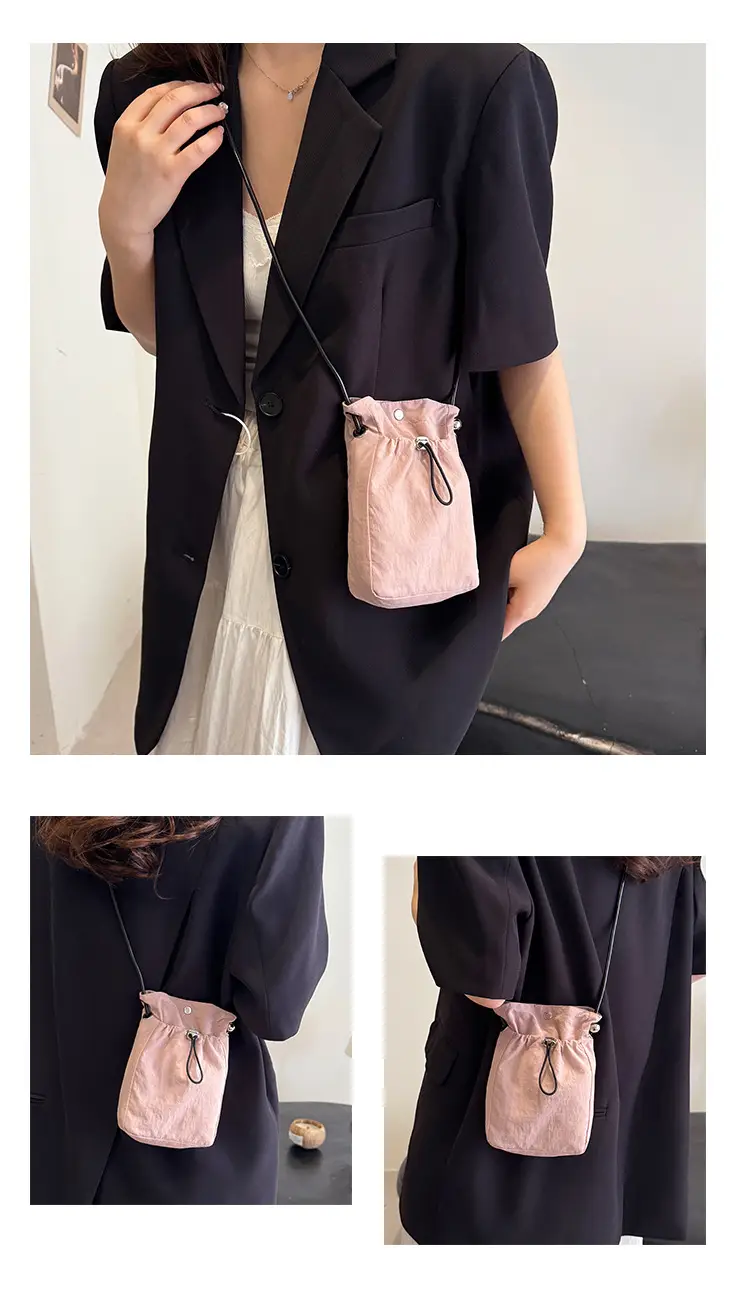 Women's Pink Drawstring Mini Phone Bag Canvas — feature 15