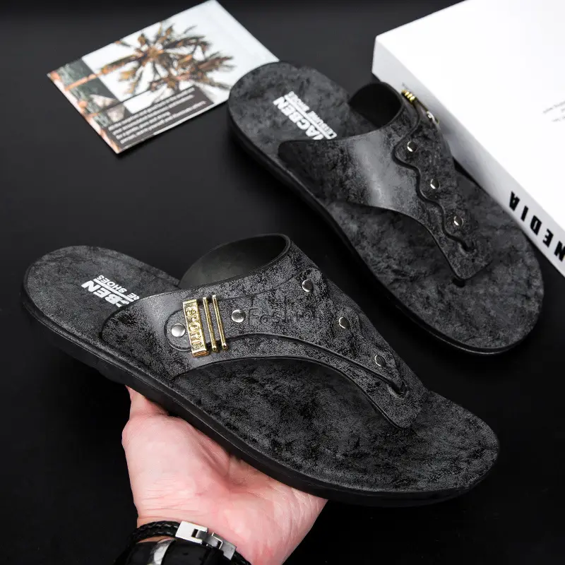 Men's Black Velvet Slip-On Sandals with Metal Decor