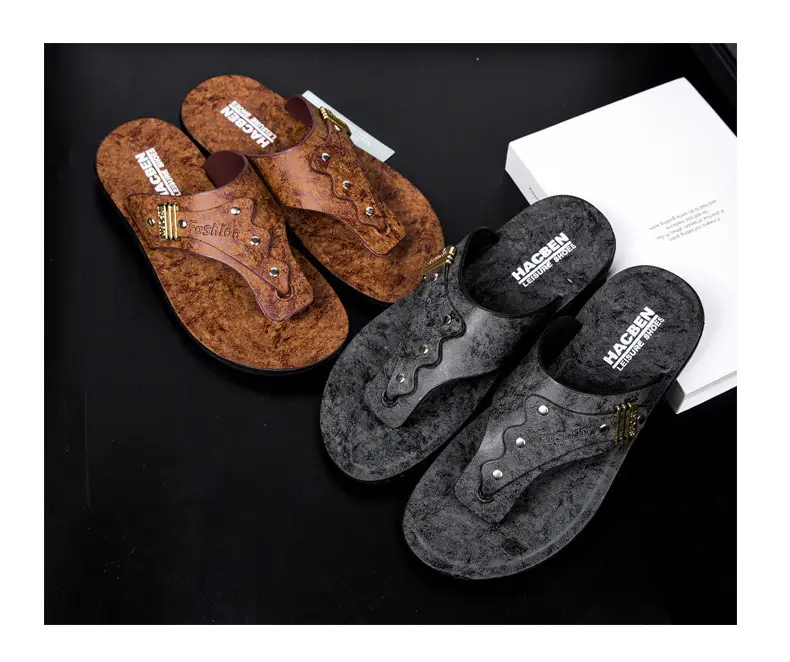 Men's Black Velvet Slip-On Sandals with Metal Decor — feature 2