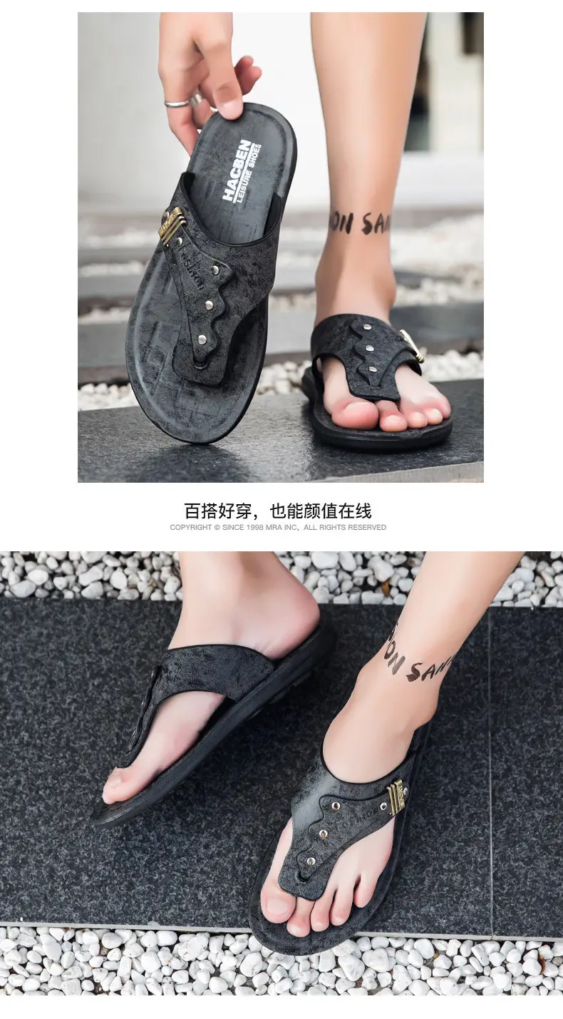 Men's Black Velvet Slip-On Sandals with Metal Decor — feature 8
