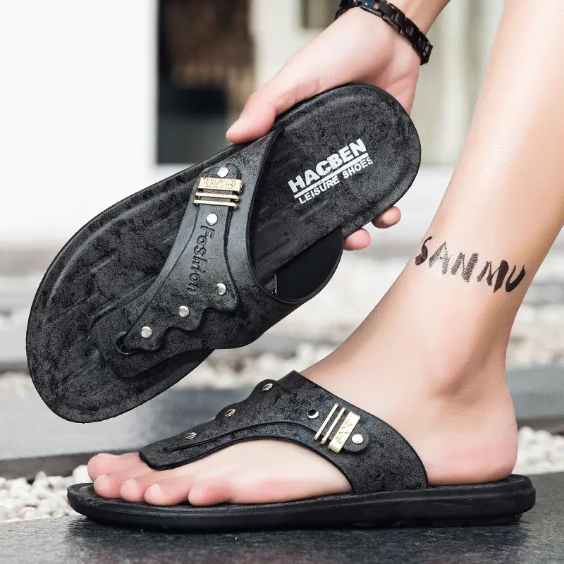 Men's Black Velvet Slip-On Sandals with Metal Decor