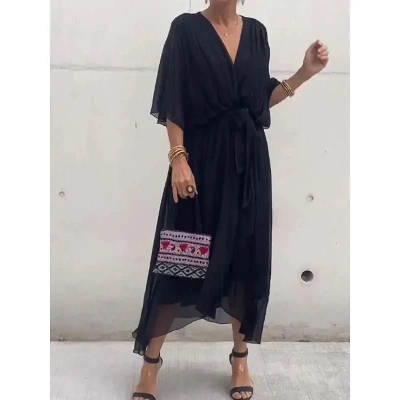 Black Lace-up Dress with Bat Sleeves Plus Size — feature 3