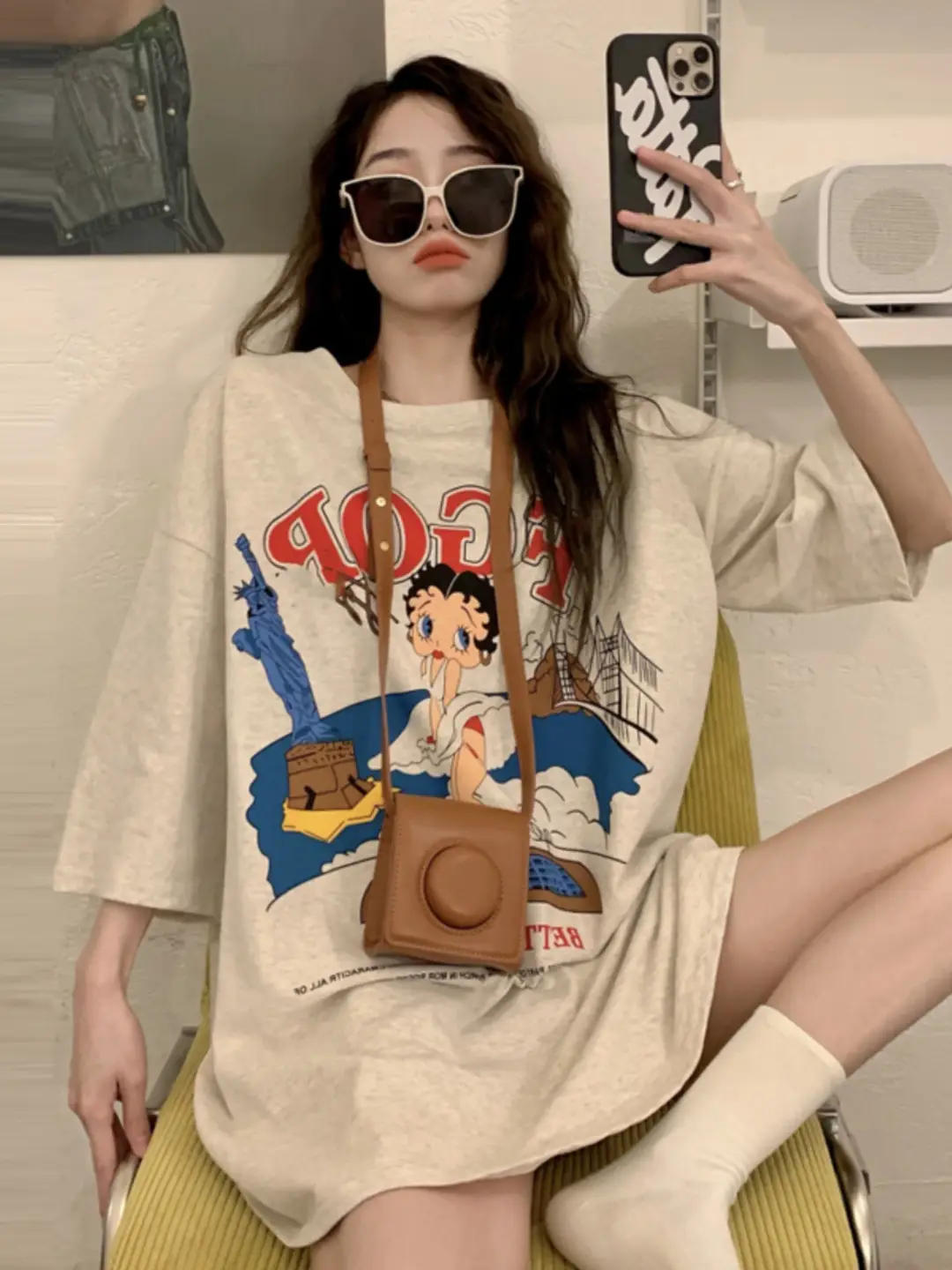 vintage American Retro T-shirt Women's Large Size Pure Cotton Short-sleeved Loose Slimming Look ins Niche Design Top Trendy