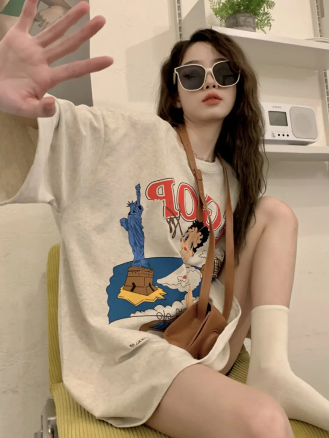 vintage American Retro T-shirt Women's Large Size Pure Cotton Short-sleeved Loose Slimming Look ins Niche Design Top Trendy