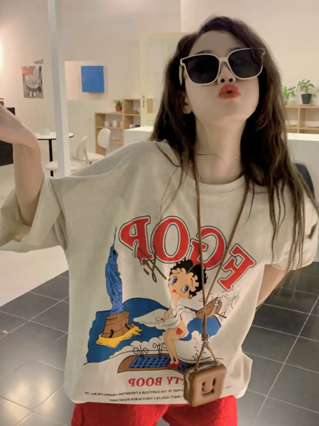 vintage American Retro T-shirt Women's Large Size Pure Cotton Short-sleeved Loose Slimming Look ins Niche Design Top Trendy