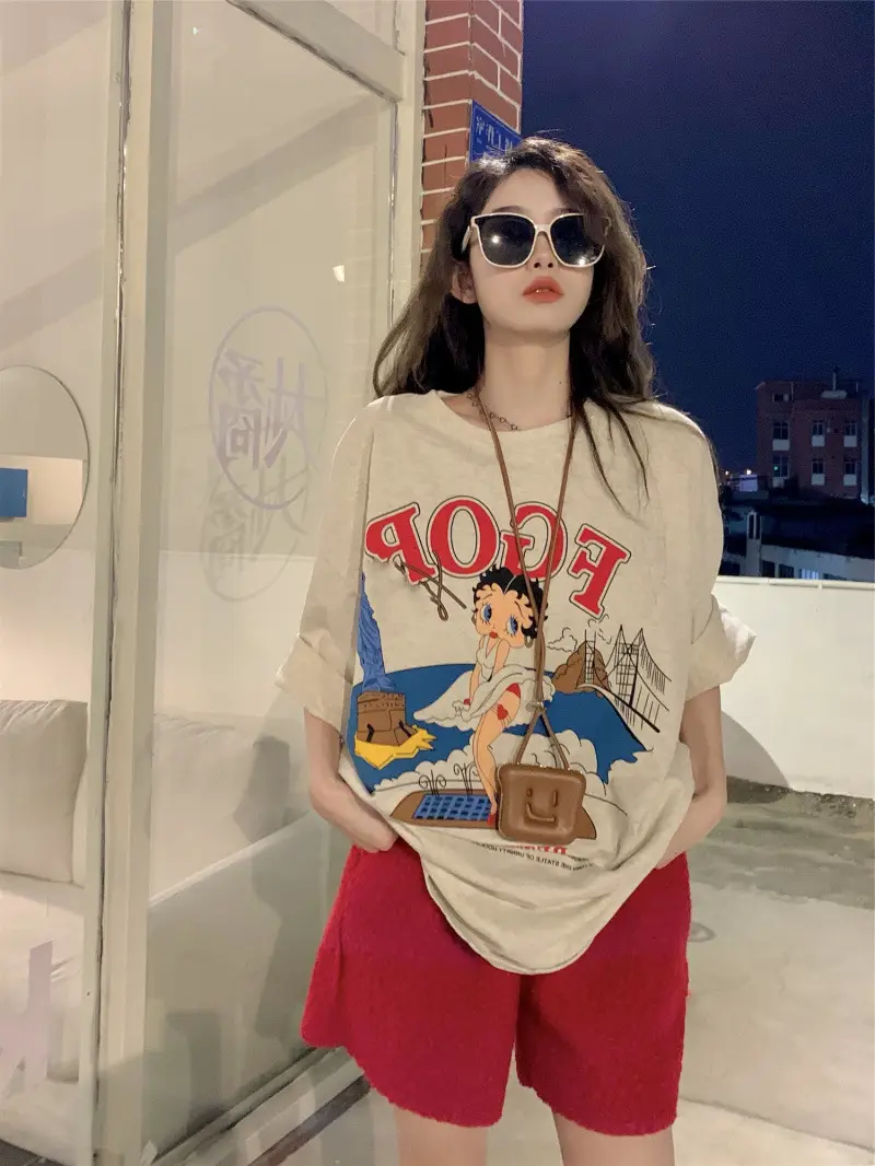 vintage American Retro T-shirt Women's Large Size Pure Cotton Short-sleeved Loose Slimming Look ins Niche Design Top Trendy — feature 10