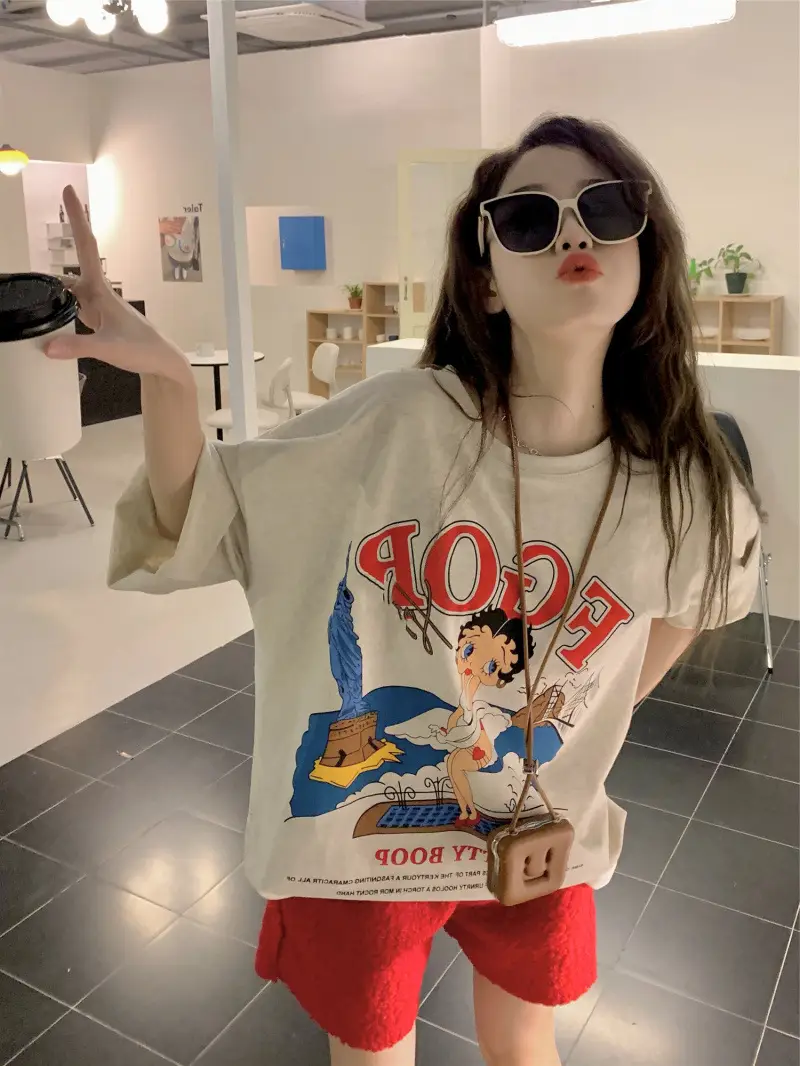 vintage American Retro T-shirt Women's Large Size Pure Cotton Short-sleeved Loose Slimming Look ins Niche Design Top Trendy — feature 11
