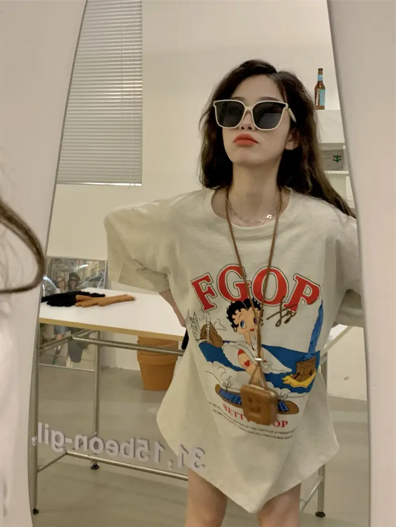 vintage American Retro T-shirt Women's Large Size Pure Cotton Short-sleeved Loose Slimming Look ins Niche Design Top Trendy — feature 3