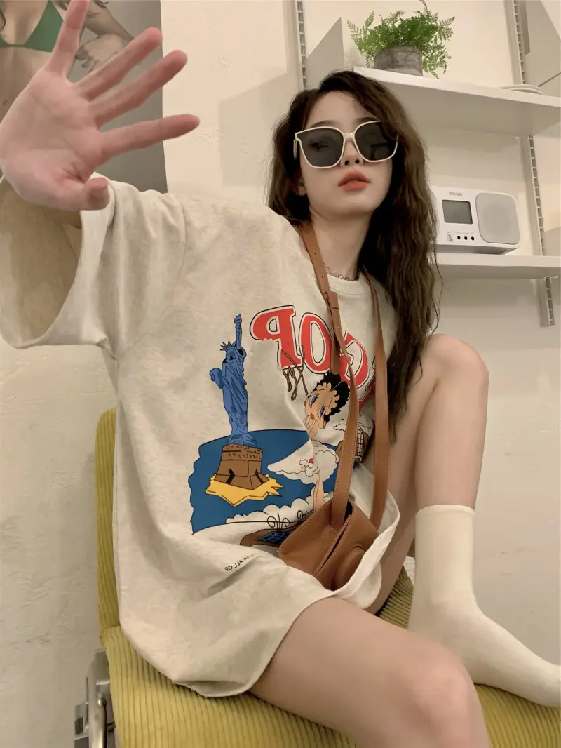 vintage American Retro T-shirt Women's Large Size Pure Cotton Short-sleeved Loose Slimming Look ins Niche Design Top Trendy — feature 5