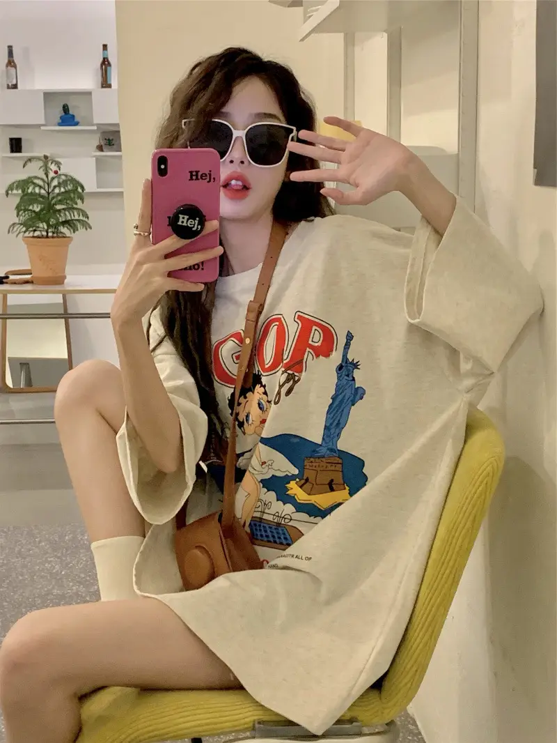 vintage American Retro T-shirt Women's Large Size Pure Cotton Short-sleeved Loose Slimming Look ins Niche Design Top Trendy — feature 6