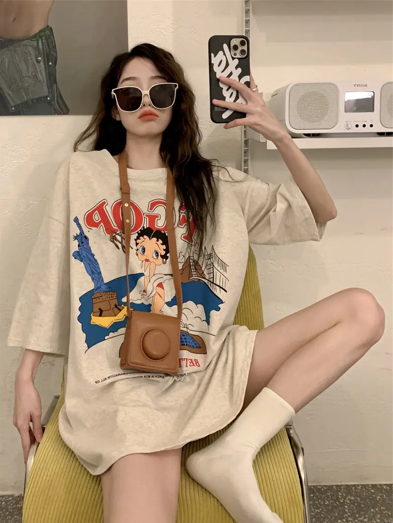 vintage American Retro T-shirt Women's Large Size Pure Cotton Short-sleeved Loose Slimming Look ins Niche Design Top Trendy — feature 7
