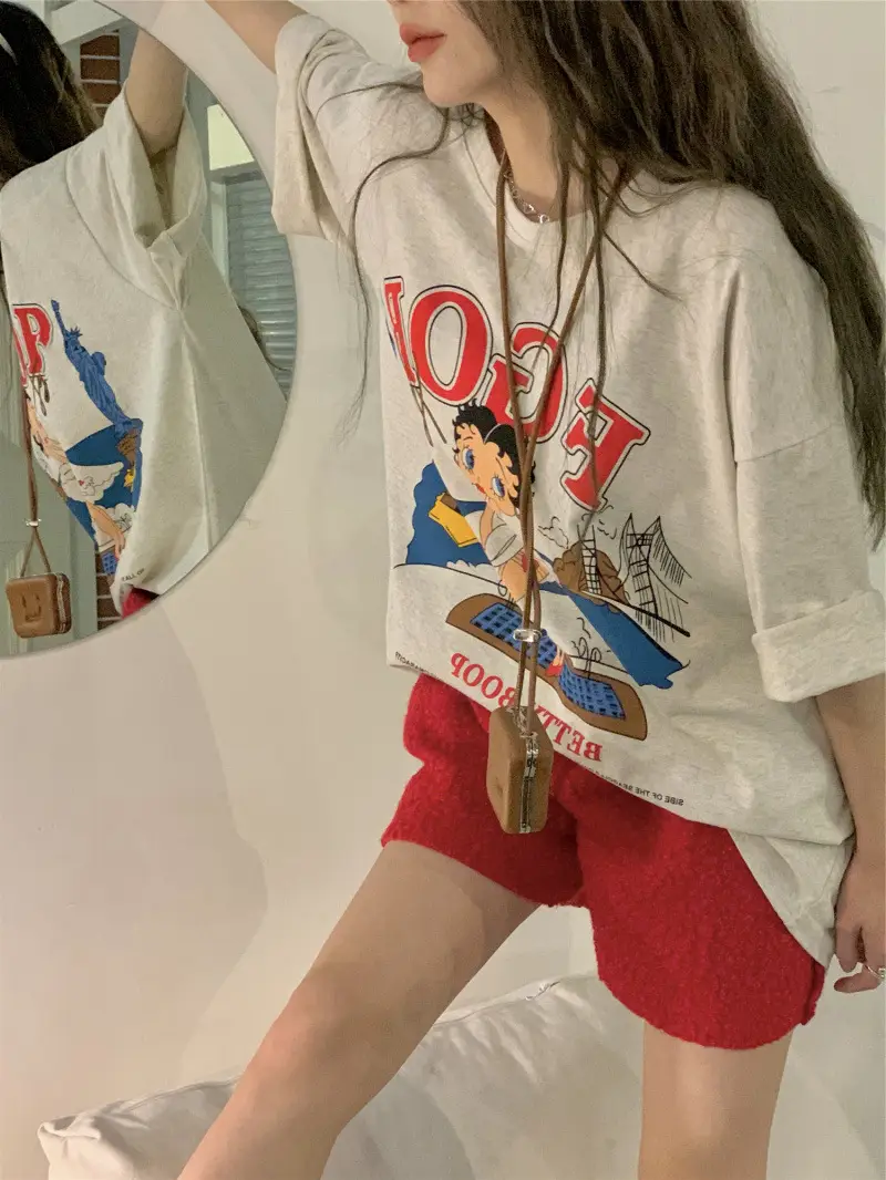 vintage American Retro T-shirt Women's Large Size Pure Cotton Short-sleeved Loose Slimming Look ins Niche Design Top Trendy — feature 8