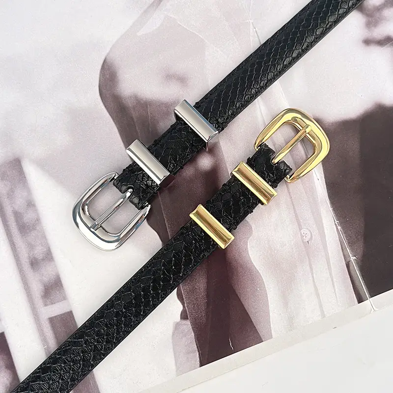 Women's Black Croc Leather Belt with Gold Buckle - Image 4
