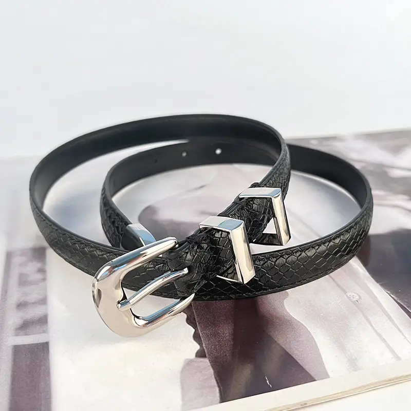 Women's Black Croc Leather Belt with Gold Buckle - Image 5