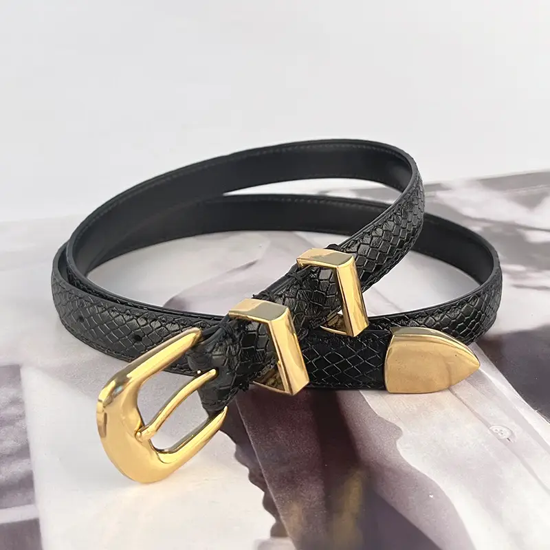 Women's Black Croc Leather Belt with Gold Buckle - Image 6