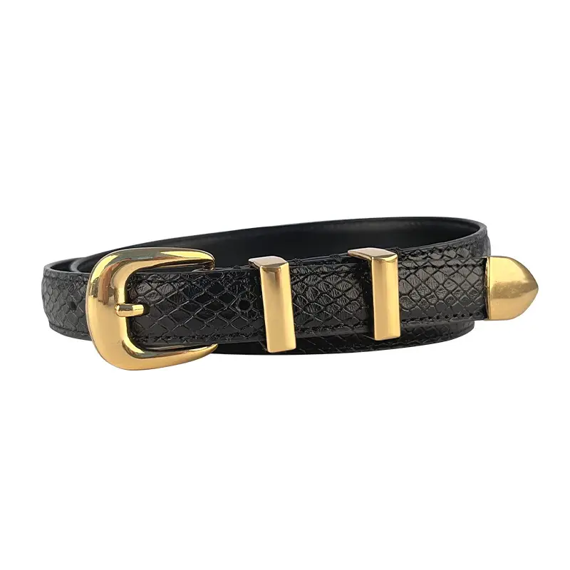 Women's Black Croc Leather Belt with Gold Buckle - Image 7