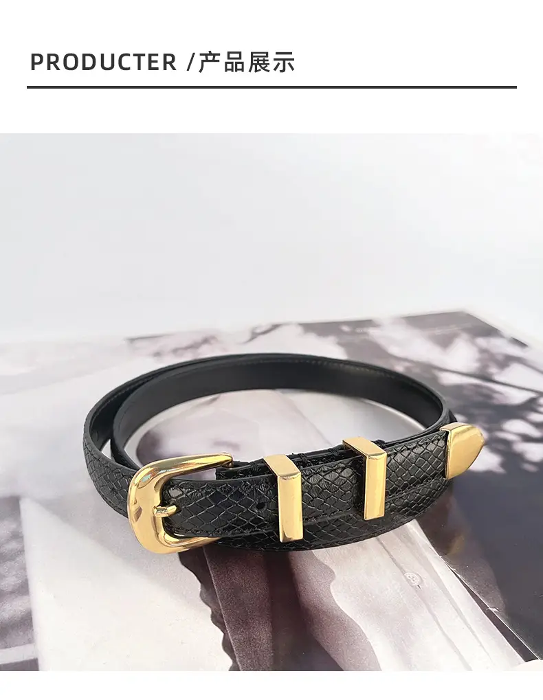 Women's Black Croc Leather Belt with Gold Buckle — feature 10
