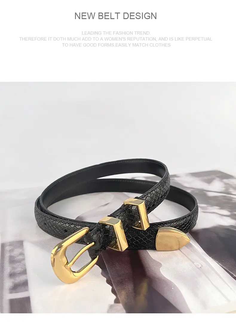 Women's Black Croc Leather Belt with Gold Buckle — feature 11