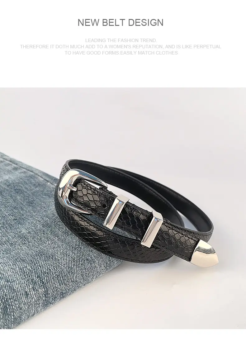 Women's Black Croc Leather Belt with Gold Buckle — feature 12